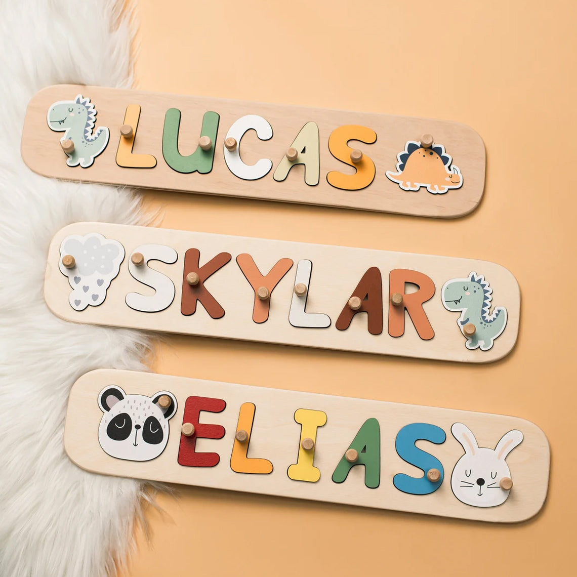 Wood Name Puzzle With Bunny, Bear, 1st Birthday Gift, Personalized Toy For Girl And Boy