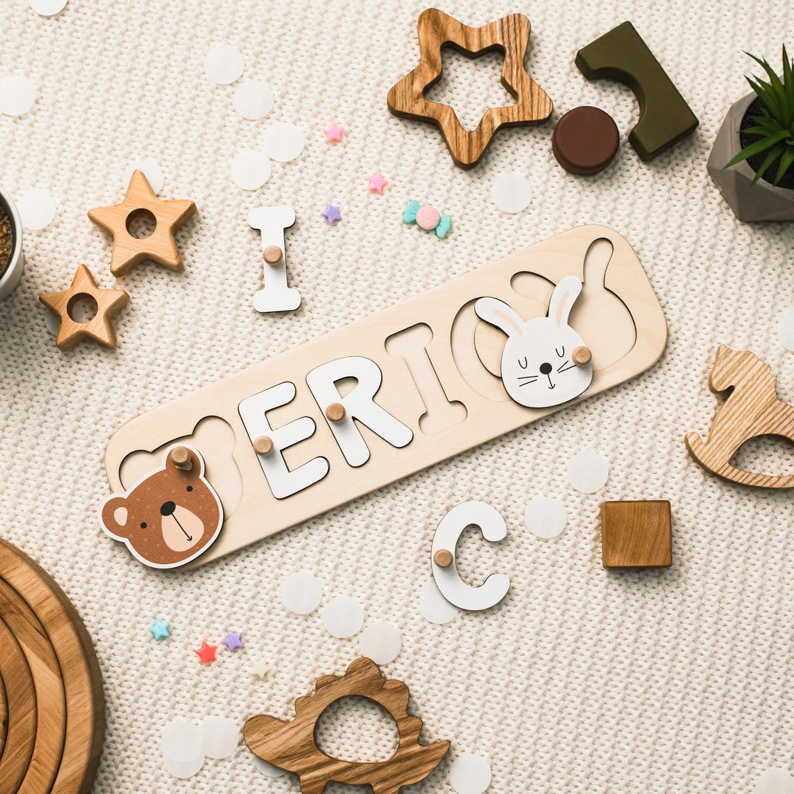 Wood Name Puzzle With Bunny, Bear, 1st Birthday Gift, Personalized Toy For Girl And Boy