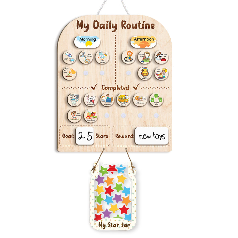 Wooden Daily Routine For Kids, Morning Routine Chart For 3 Year Old, Chore Chart For Kids With Star Jar