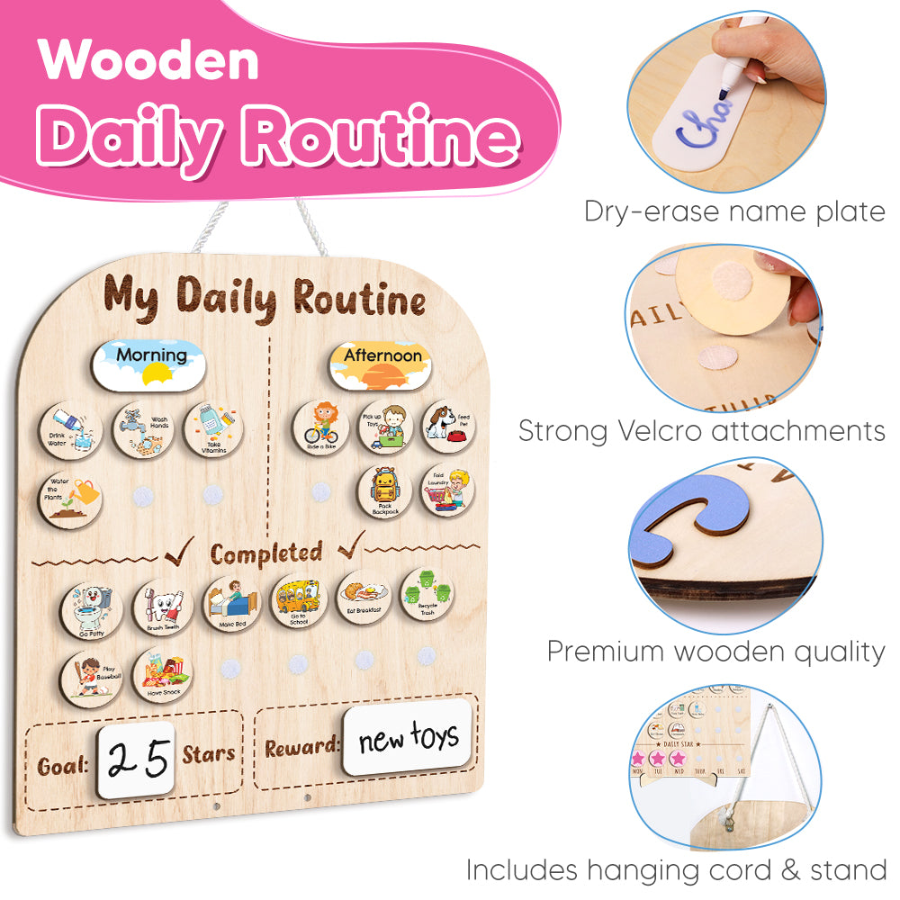 Wooden Daily Routine For Kids, Morning Routine Chart For 3 Year Old, Chore Chart For Kids With Star Jar
