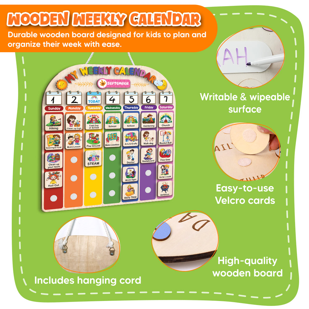 Wooden Weekly Calendar for Kids, Kids Weekly Planner, Large Week's Routine for Toddler, Daily Weekly Routine for Boys Girls Age 3+