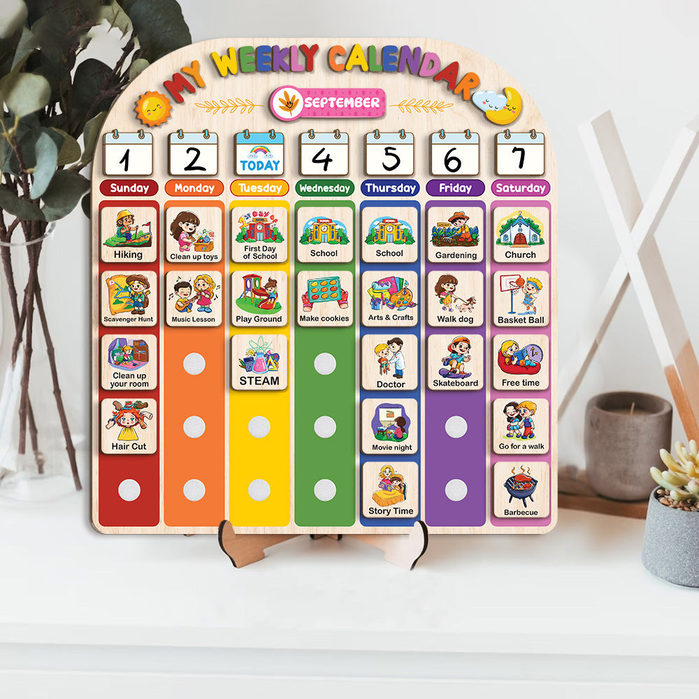 Wooden Weekly Calendar for Kids, Kids Weekly Planner, Large Week's Routine for Toddler, Daily Weekly Routine for Boys Girls Age 3+