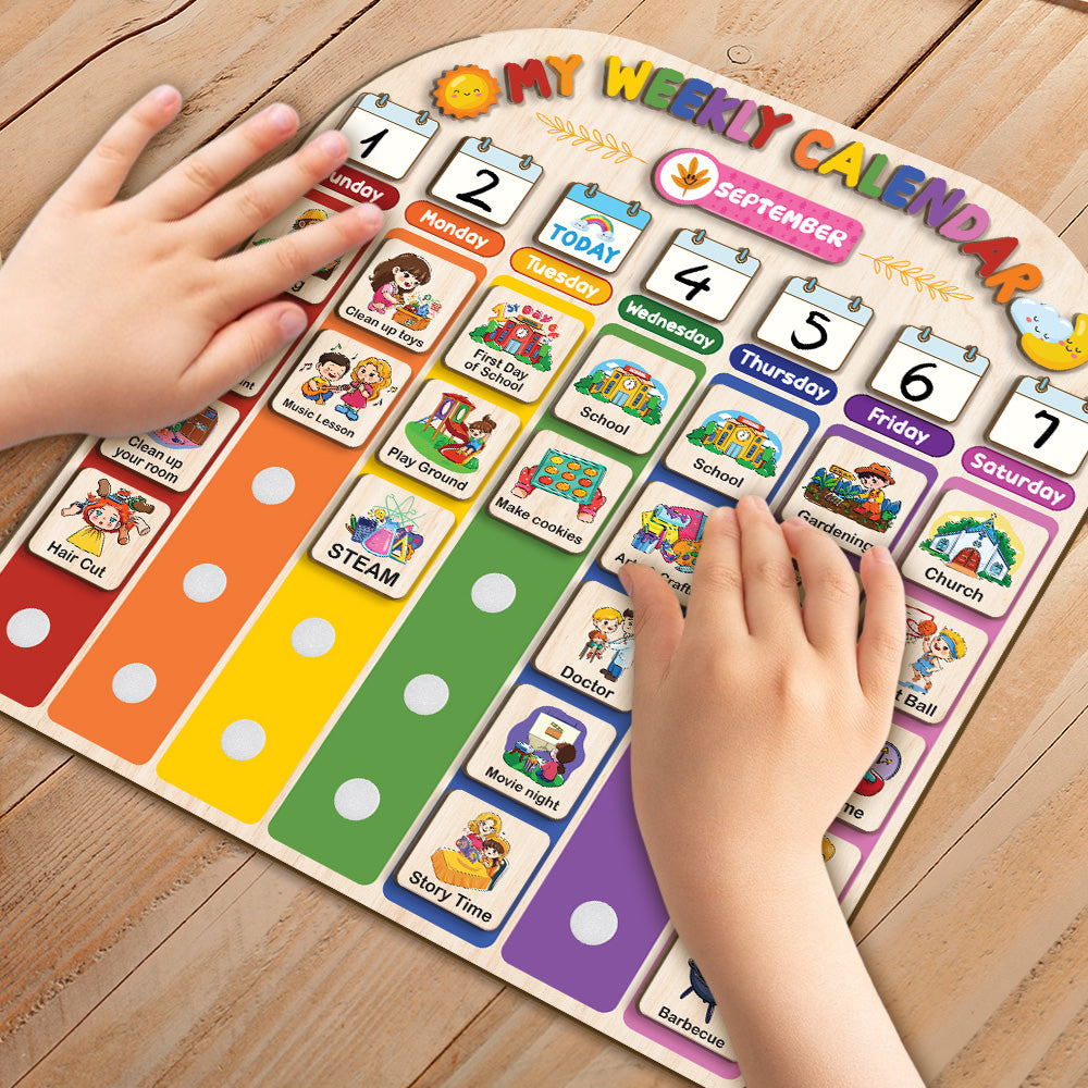 Wooden Weekly Calendar for Kids, Kids Weekly Planner, Large Week's Routine for Toddler, Daily Weekly Routine for Boys Girls Age 3+