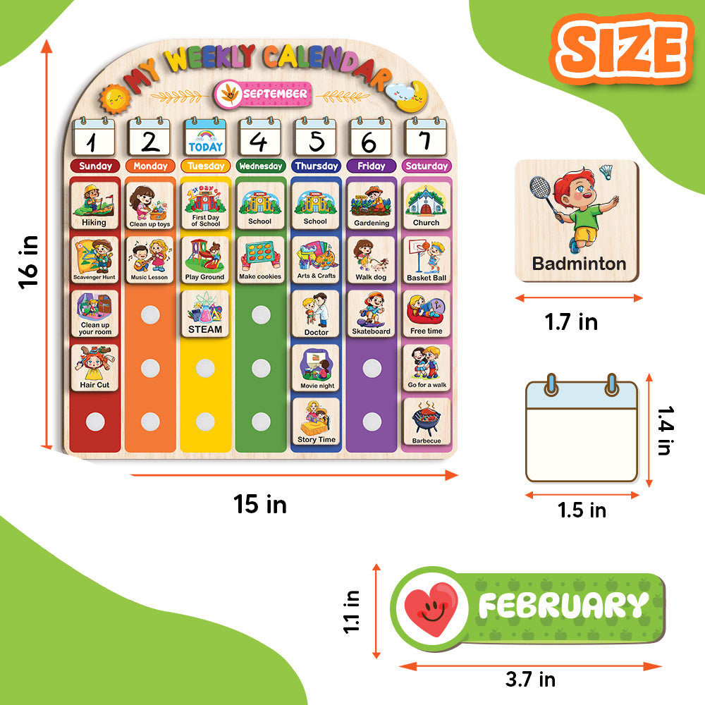 Wooden Weekly Calendar for Kids, Kids Weekly Planner, Large Week's Routine for Toddler, Daily Weekly Routine for Boys Girls Age 3+