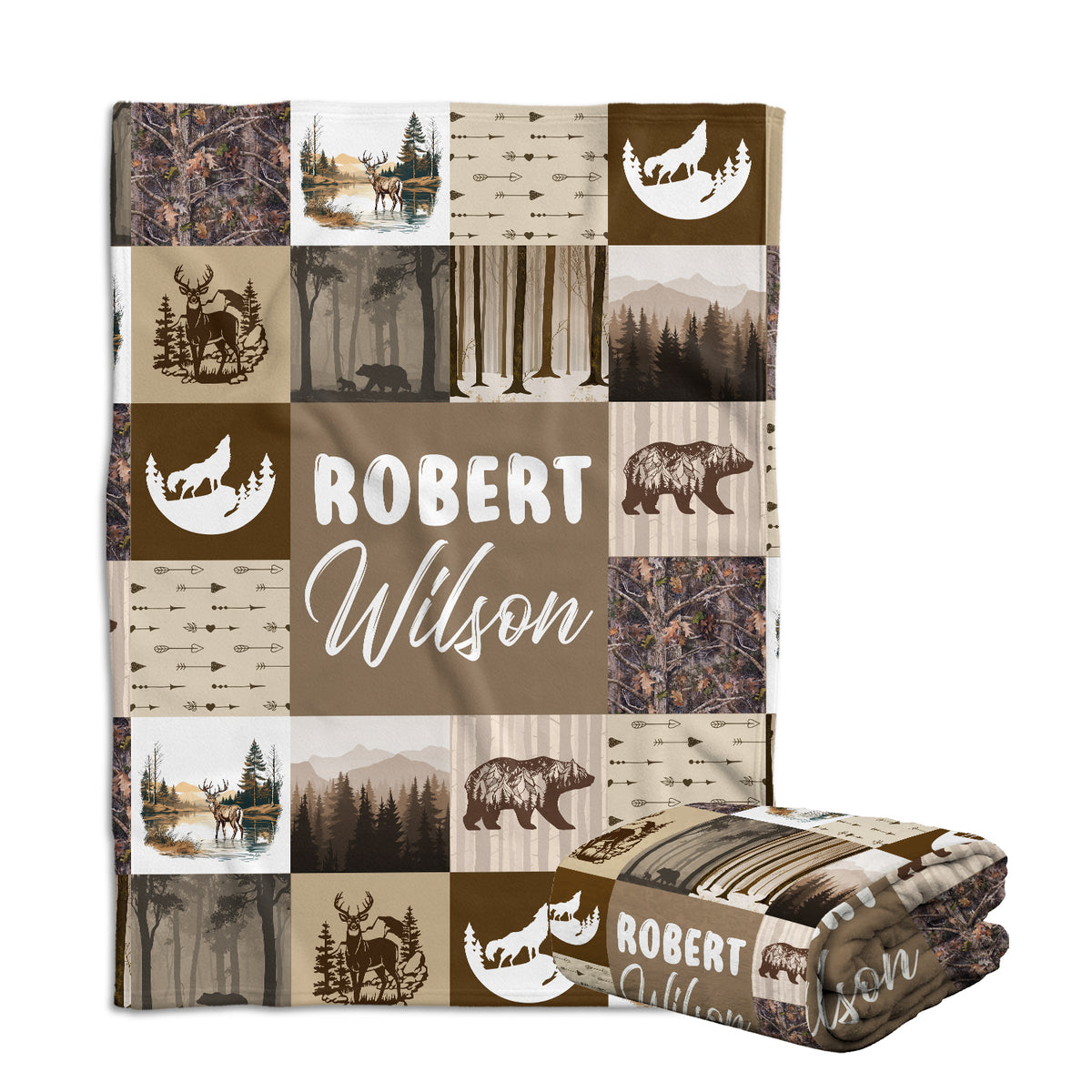 Woodland Baby Blanket - Personalized Custom Name for Boys Girls, Brown Swaddle, Plush Crib Blanket for Newborn Infant Son, 3 Sizes