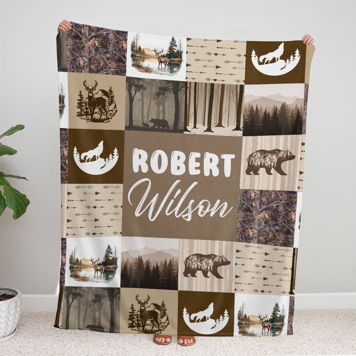 Woodland Baby Blanket - Personalized Custom Name for Boys Girls, Brown Swaddle, Plush Crib Blanket for Newborn Infant Son, 3 Sizes