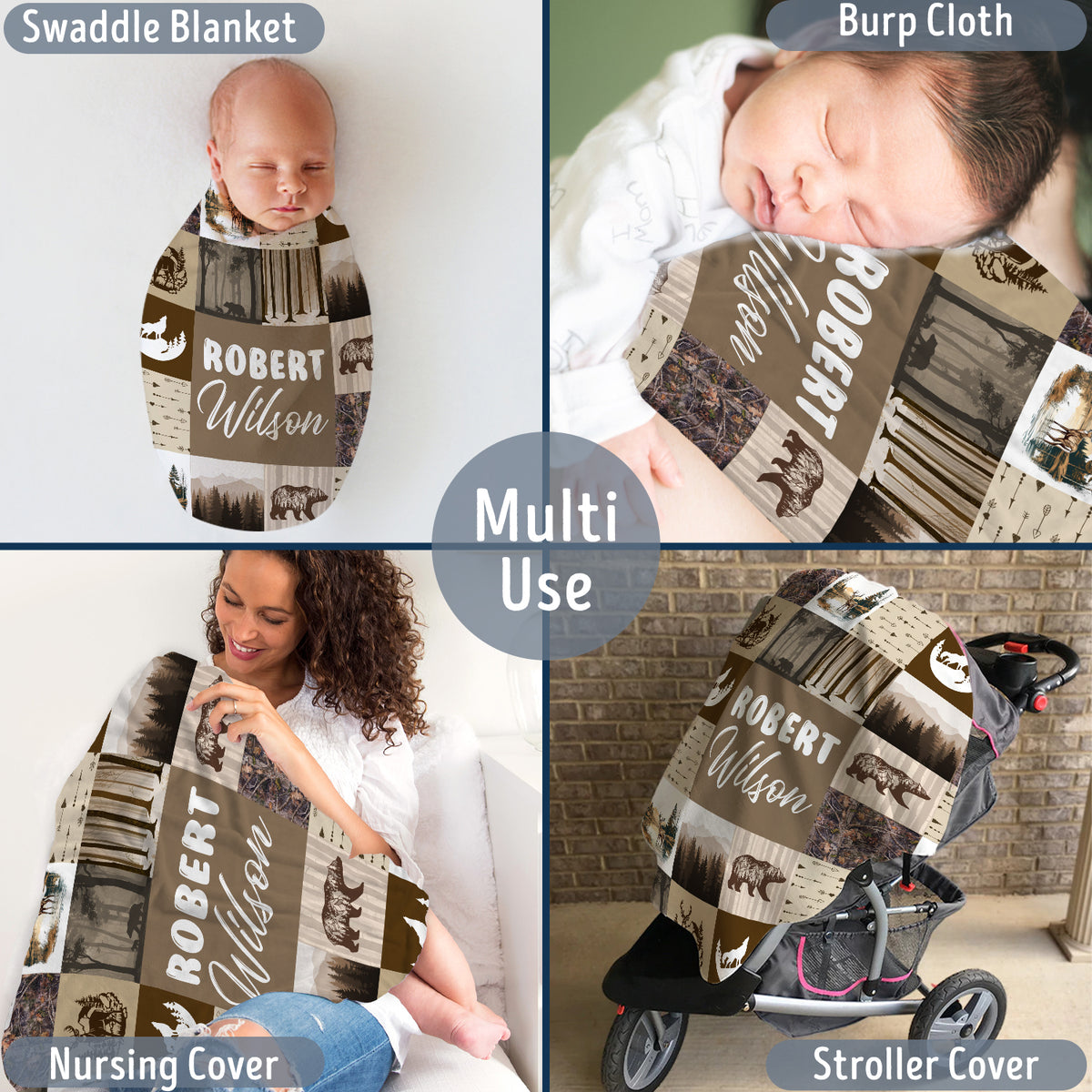 Woodland Baby Blanket - Personalized Custom Name for Boys Girls, Brown Swaddle, Plush Crib Blanket for Newborn Infant Son, 3 Sizes