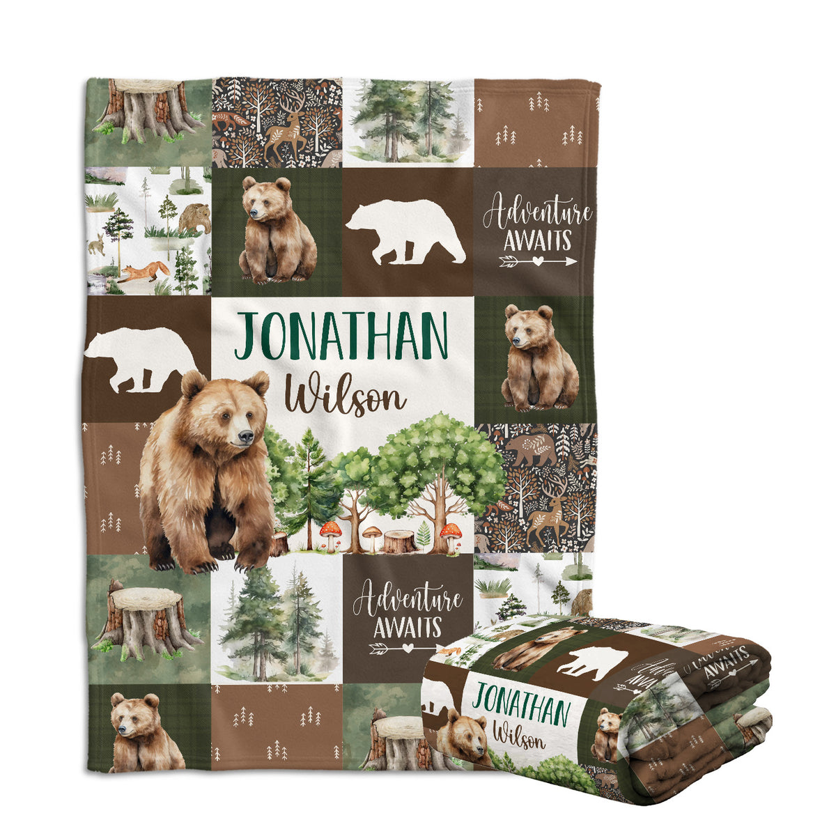 Woodland Baby Blankets, Personalized Baby Blankets for Boys Girl, Custom Name Blanket Bear Theme, Nursery Decor, for Son Daughter