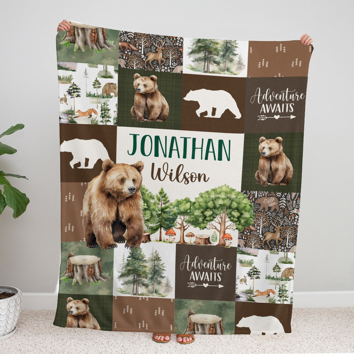 Woodland Baby Blankets, Personalized Baby Blankets for Boys Girl, Custom Name Blanket Bear Theme, Nursery Decor, for Son Daughter