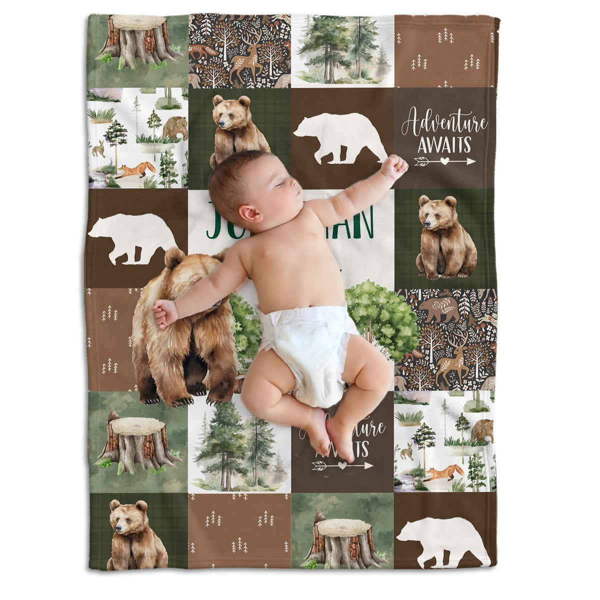 Woodland Baby Blankets, Personalized Baby Blankets for Boys Girl, Custom Name Blanket Bear Theme, Nursery Decor, for Son Daughter