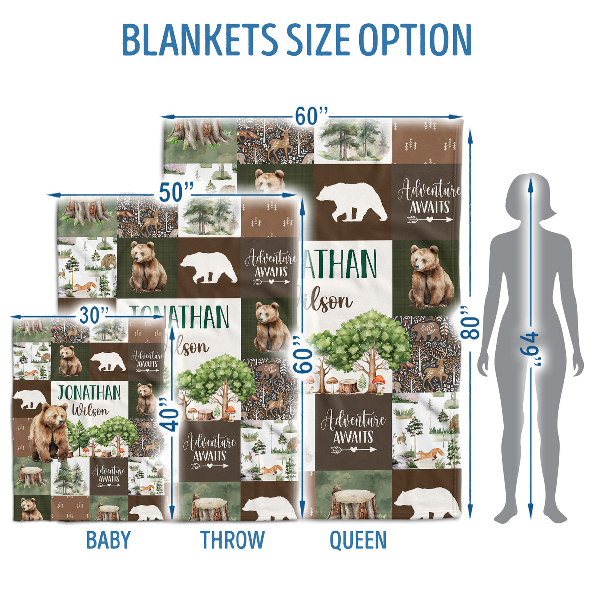 Woodland Baby Blankets, Personalized Baby Blankets for Boys Girl, Custom Name Blanket Bear Theme, Nursery Decor, for Son Daughter