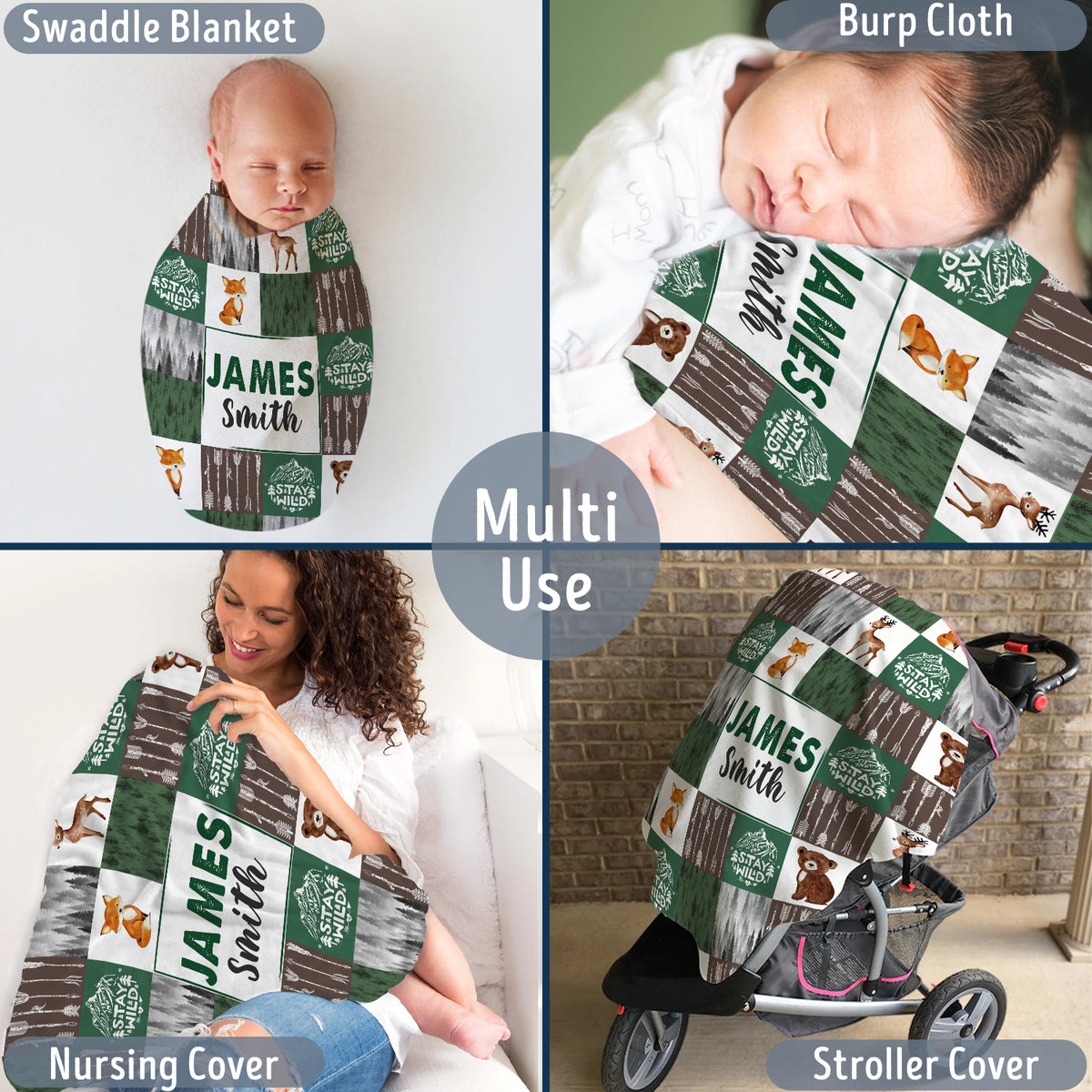 Woodland Blanket, Soft Polyester Baby Swaddle, Personalized Baby Blankets for Boys, 3 Sizes