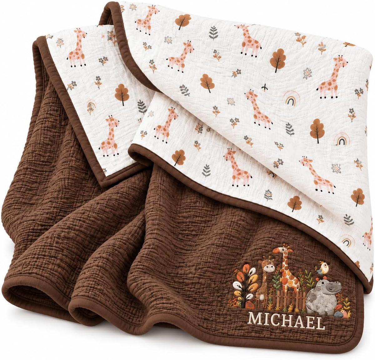 LilaLand Personalized Baby Blanket - Brown / Giraffe / Woodland