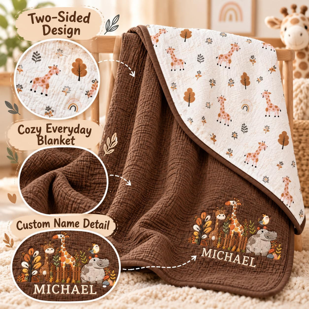 LilaLand Personalized Baby Blanket - Brown / Giraffe / Woodland - detail 1