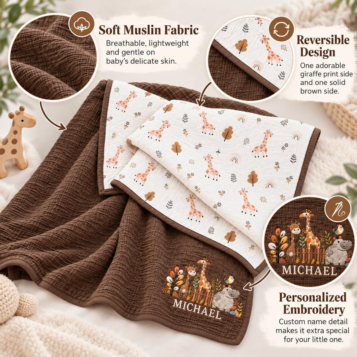 LilaLand Personalized Baby Blanket - Brown / Giraffe / Woodland - detail 2