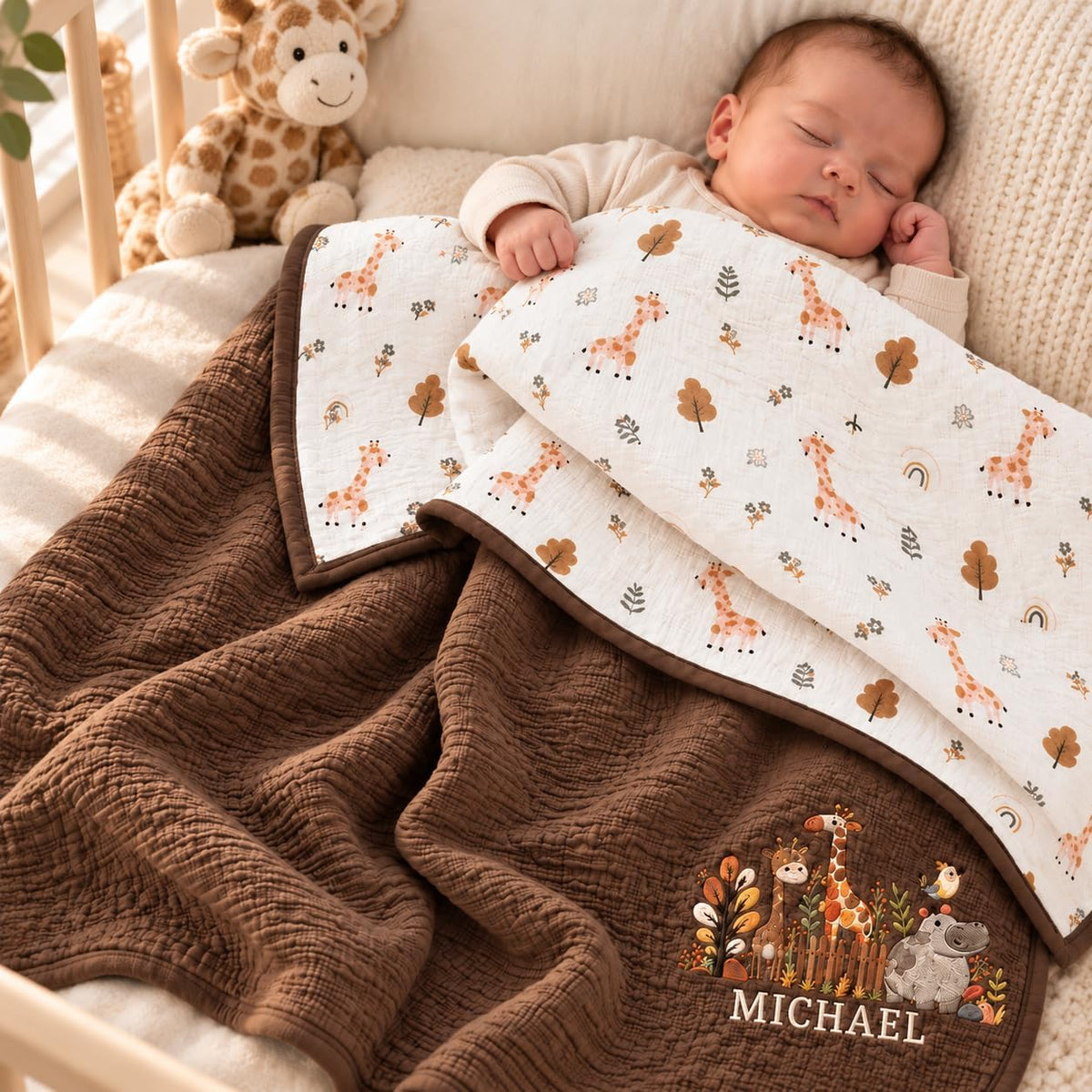 LilaLand Personalized Baby Blanket - Brown / Giraffe / Woodland - detail 3