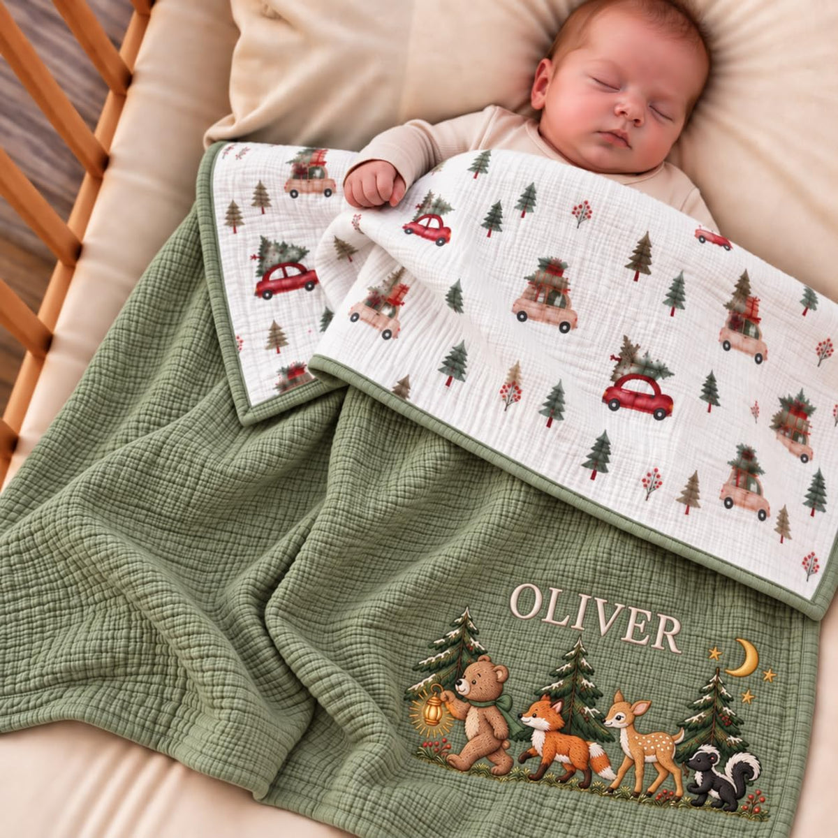 LilaLand Personalized Baby Blanket - Green / Christmas Tree / Woodland