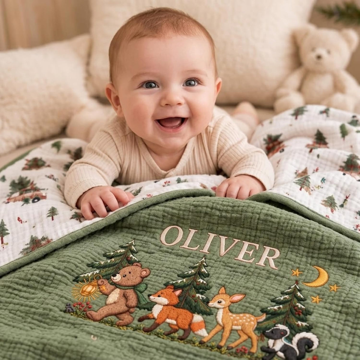 LilaLand Personalized Baby Blanket - Green / Christmas Tree / Woodland - detail 6