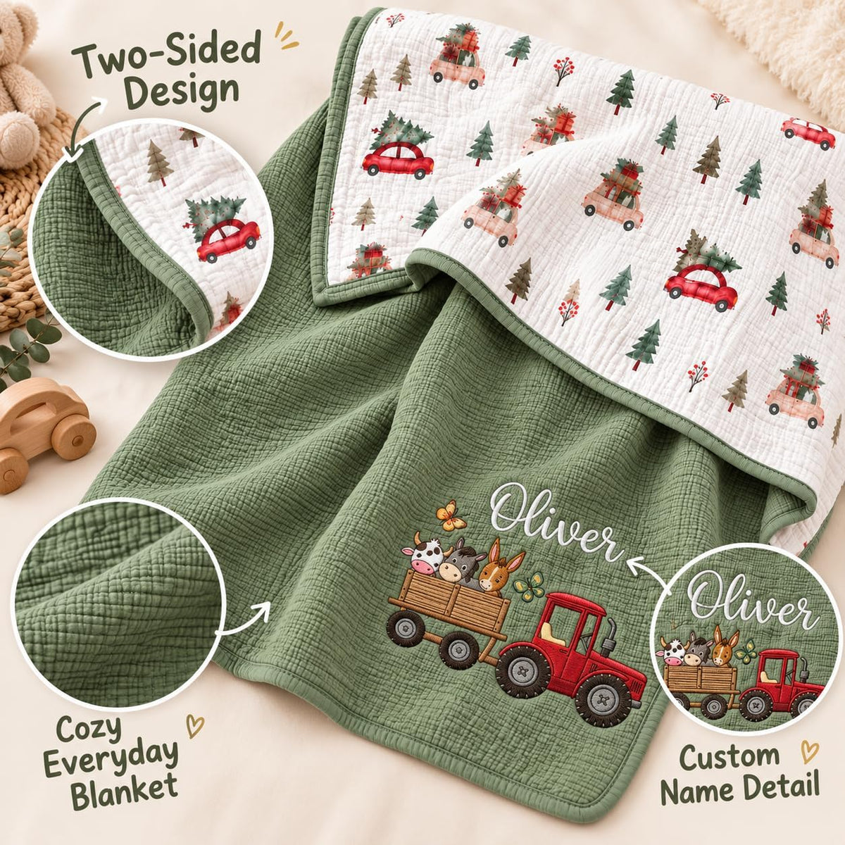LilaLand Personalized Baby Blanket - Green / Christmas Tree / Farm Animals - detail 4