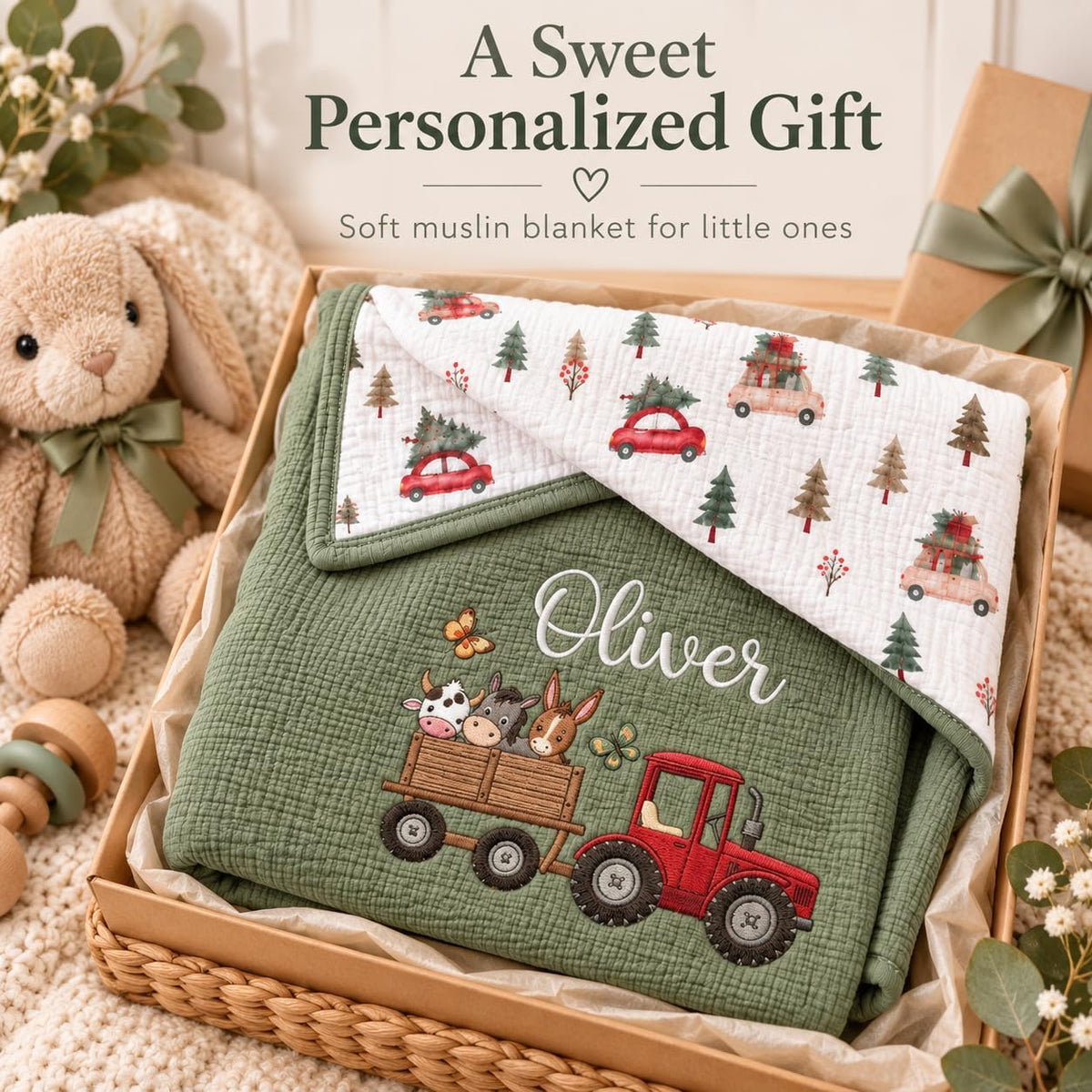 LilaLand Personalized Baby Blanket - Green / Christmas Tree / Farm Animals - detail 5