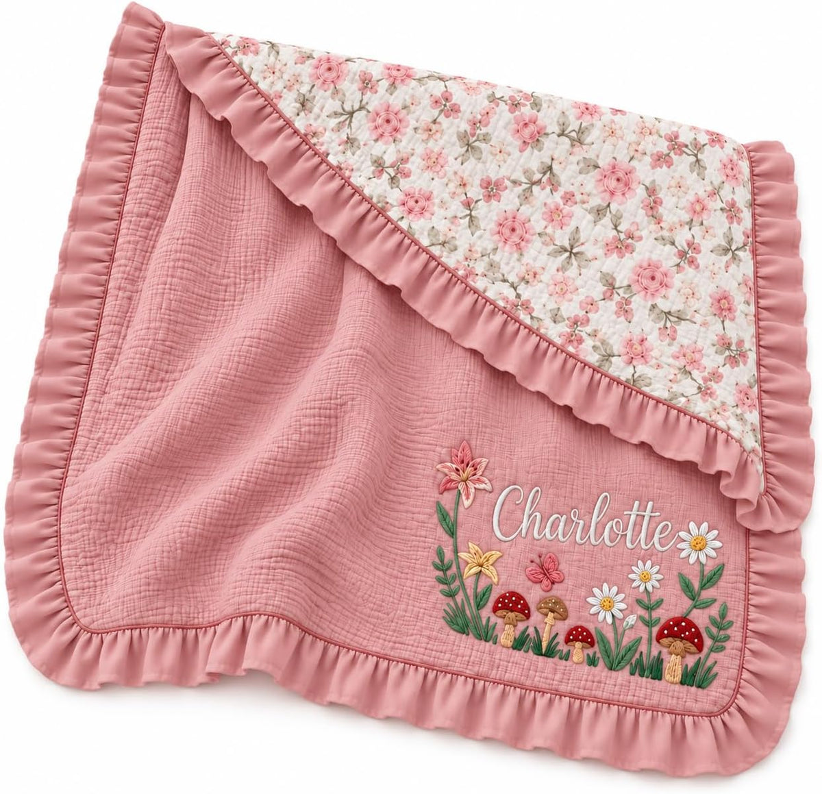 LilaLand Personalized Baby Blanket - Pink / Floral / Botanical Mushroom
