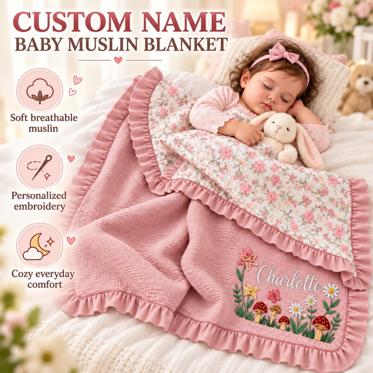 LilaLand Personalized Baby Blanket - Pink / Floral / Botanical Mushroom - detail 1