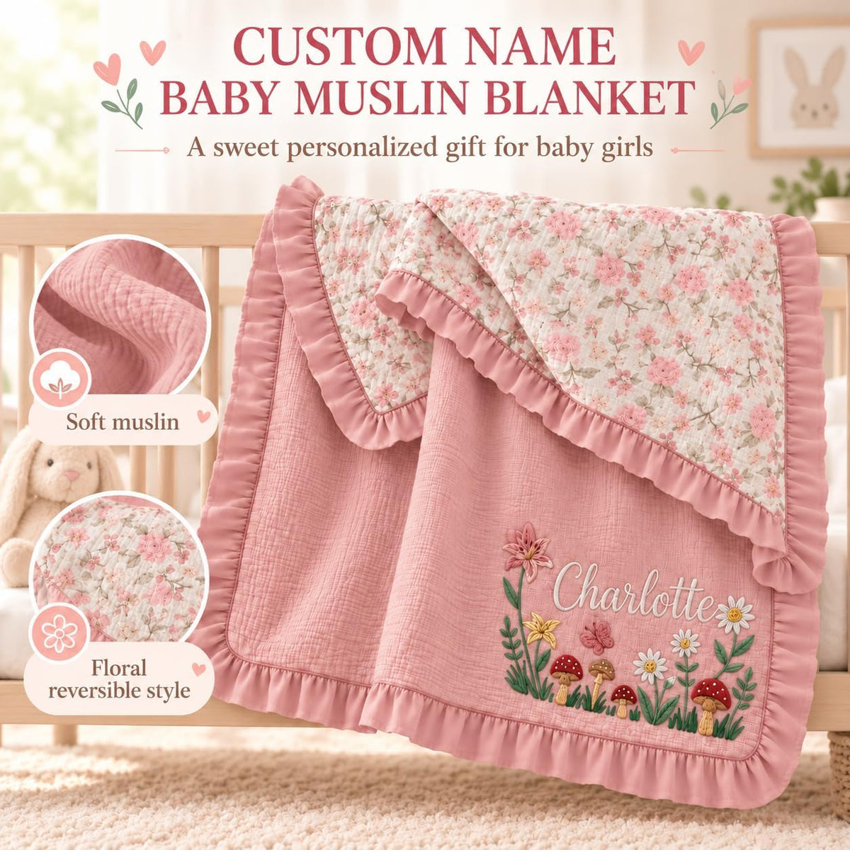 LilaLand Personalized Baby Blanket - Pink / Floral / Botanical Mushroom - detail 3