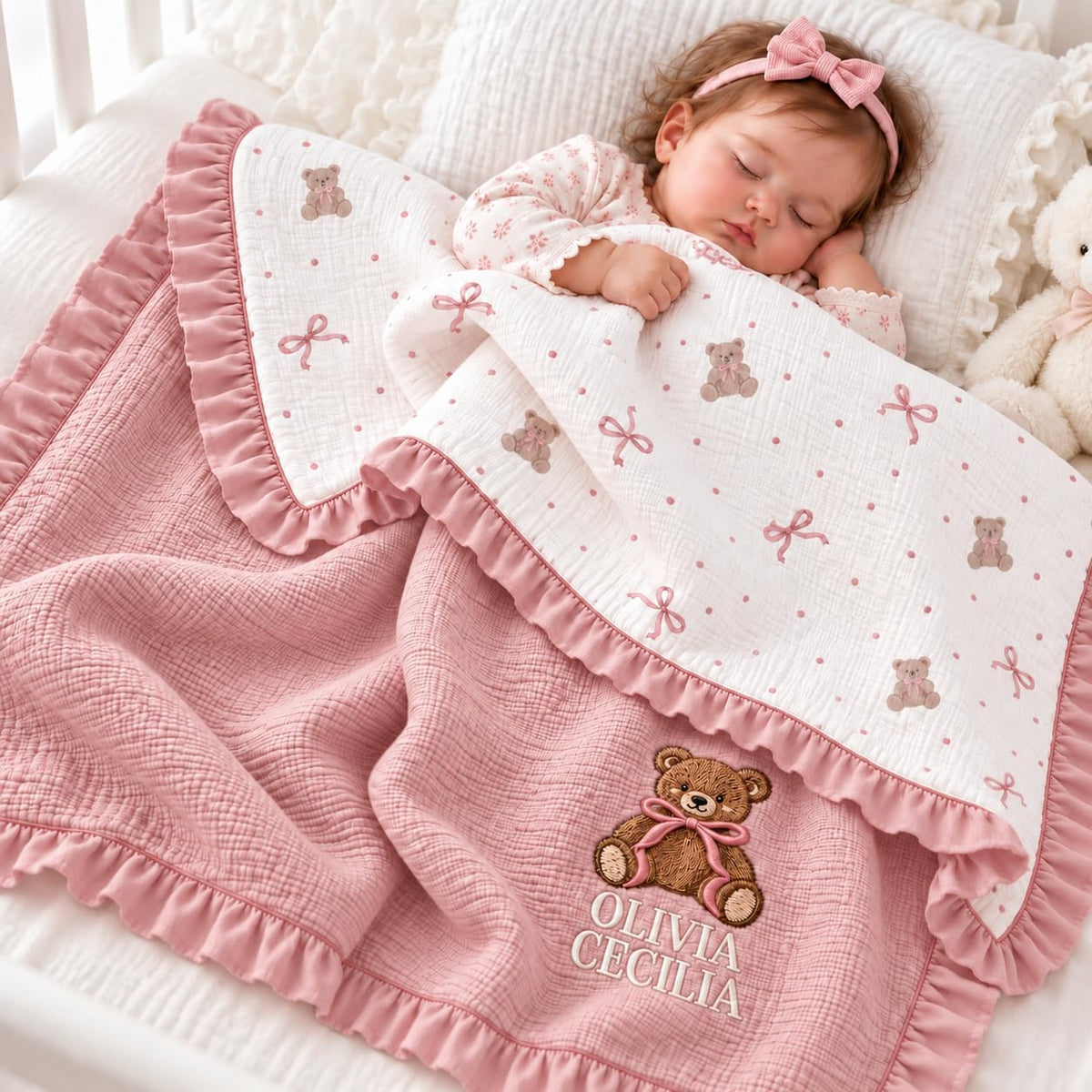 LilaLand Personalized Baby Blanket - Pink / Bear / Baby Bear