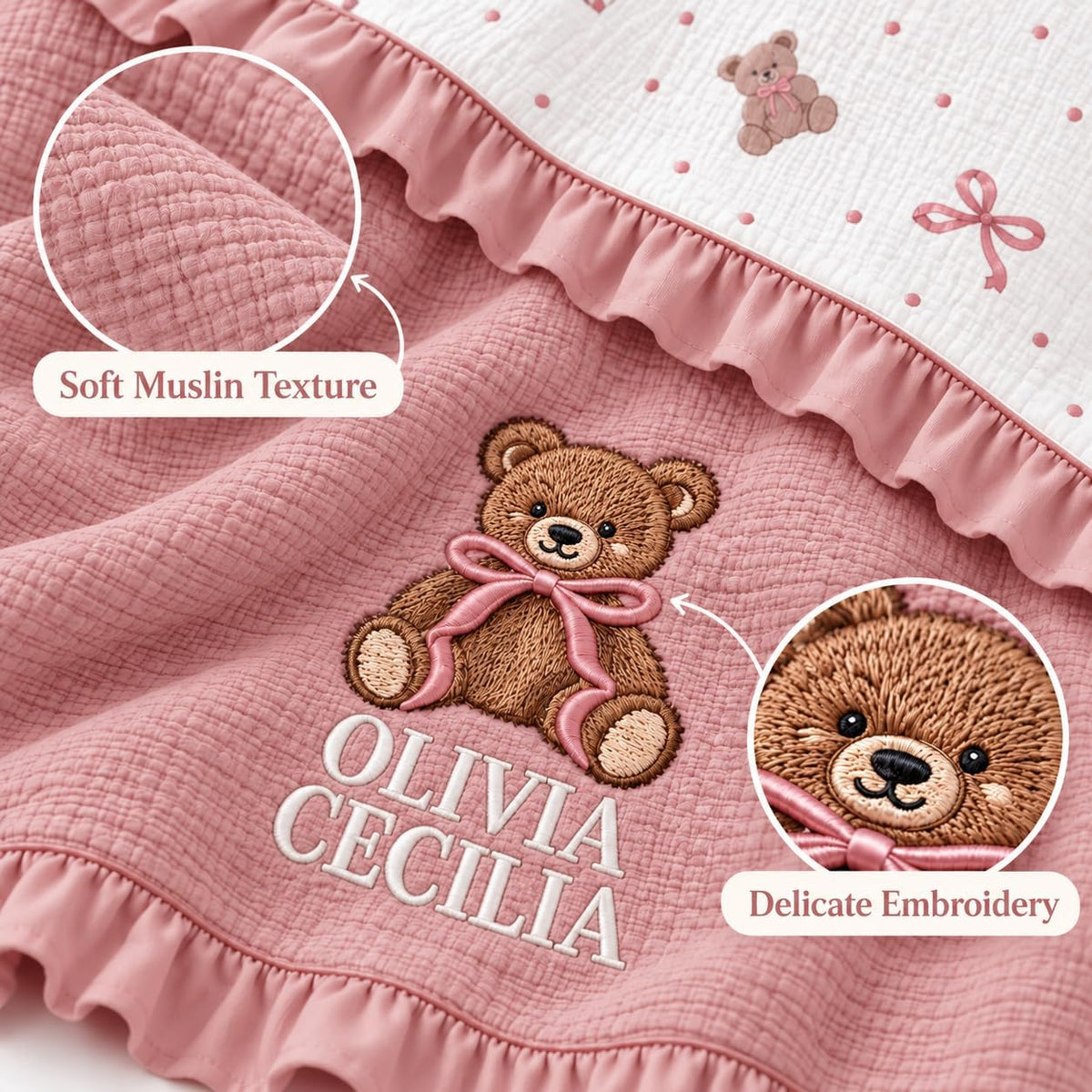 LilaLand Personalized Baby Blanket - Pink / Bear / Baby Bear - detail 1