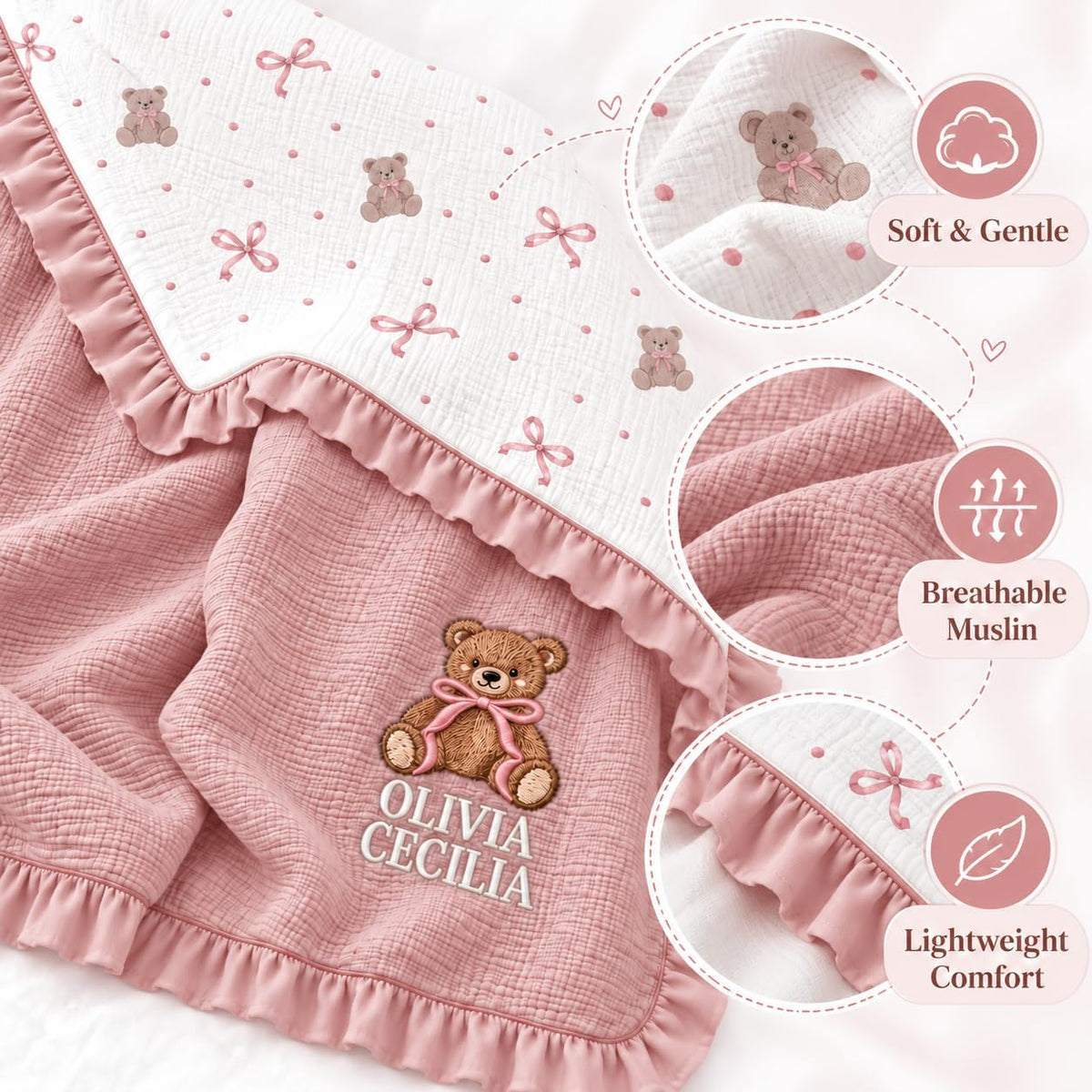 LilaLand Personalized Baby Blanket - Pink / Bear / Baby Bear - detail 2