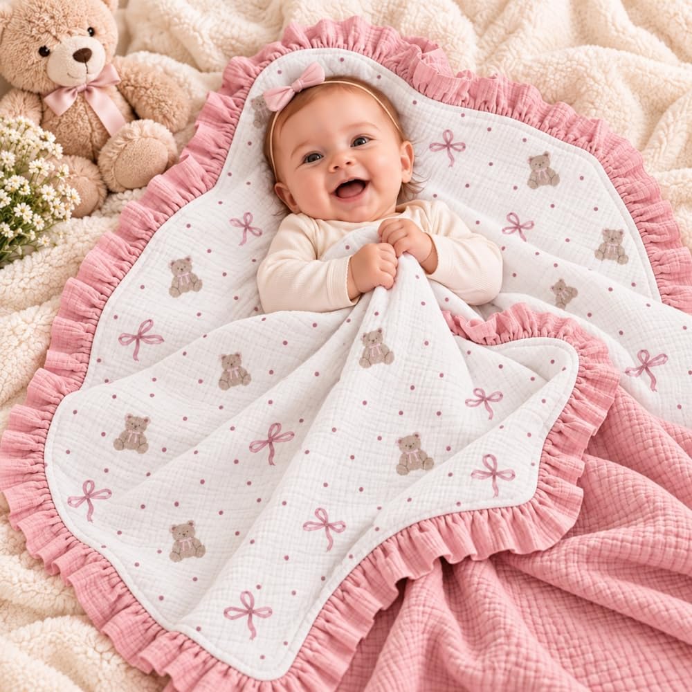 LilaLand Personalized Baby Blanket - Pink / Bear / Baby Bear - detail 5