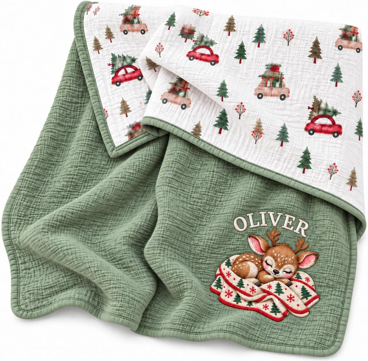 LilaLand Personalized Baby Blanket - Green / Christmas Tree / Deer