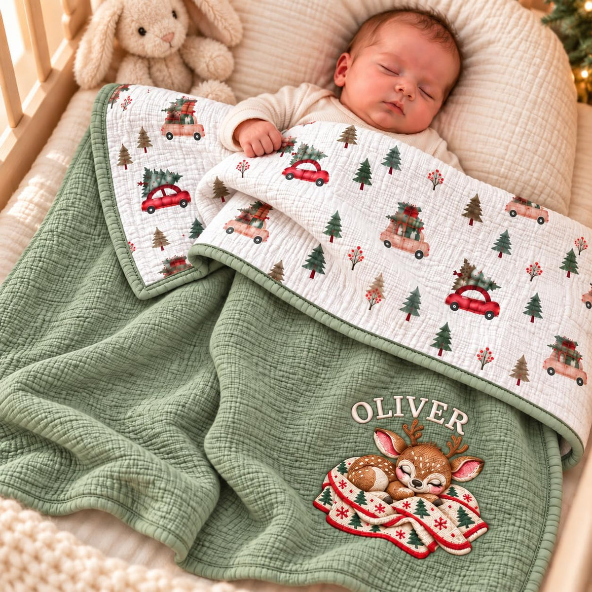 LilaLand Personalized Baby Blanket - Green / Christmas Tree / Deer - detail 1