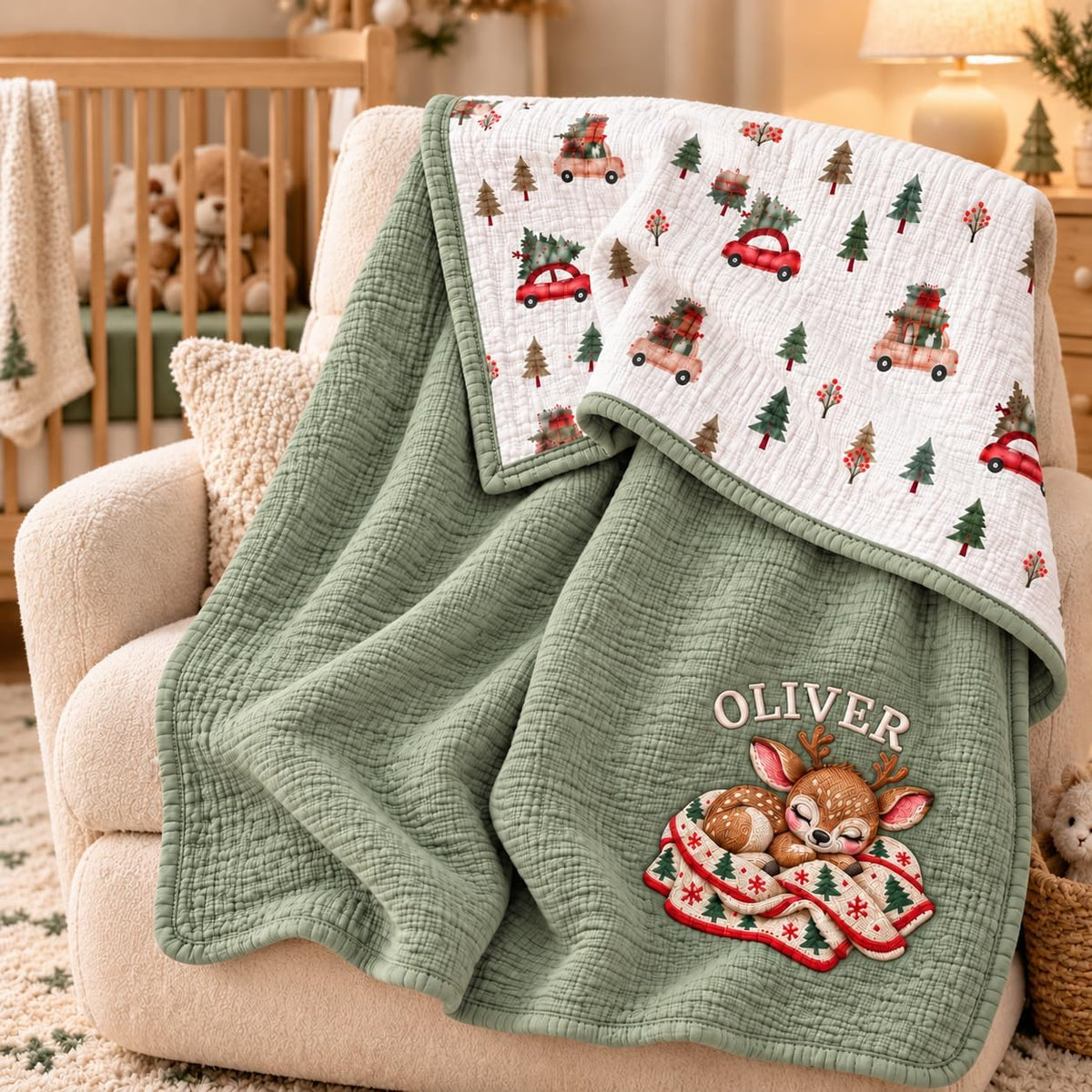 LilaLand Personalized Baby Blanket - Green / Christmas Tree / Deer - detail 2