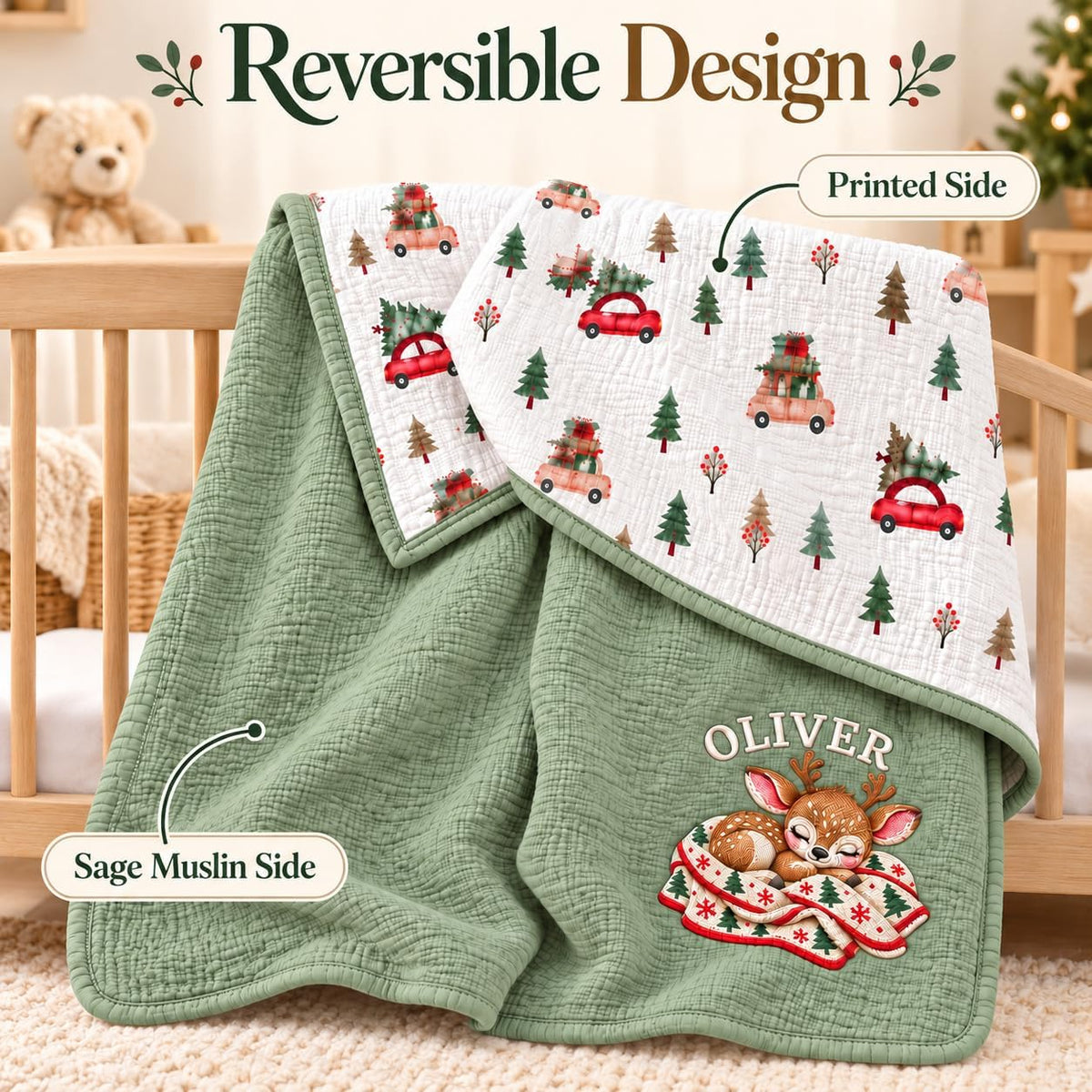 LilaLand Personalized Baby Blanket - Green / Christmas Tree / Deer - detail 3