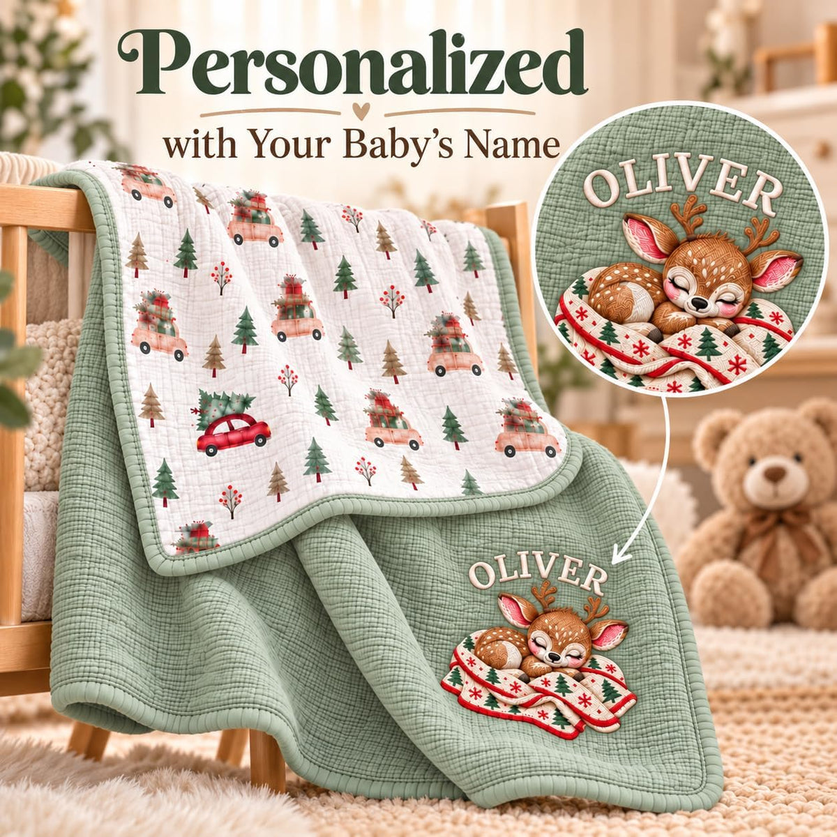 LilaLand Personalized Baby Blanket - Green / Christmas Tree / Deer - detail 4