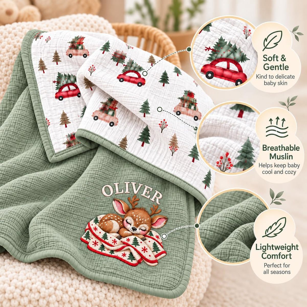 LilaLand Personalized Baby Blanket - Green / Christmas Tree / Deer - detail 5