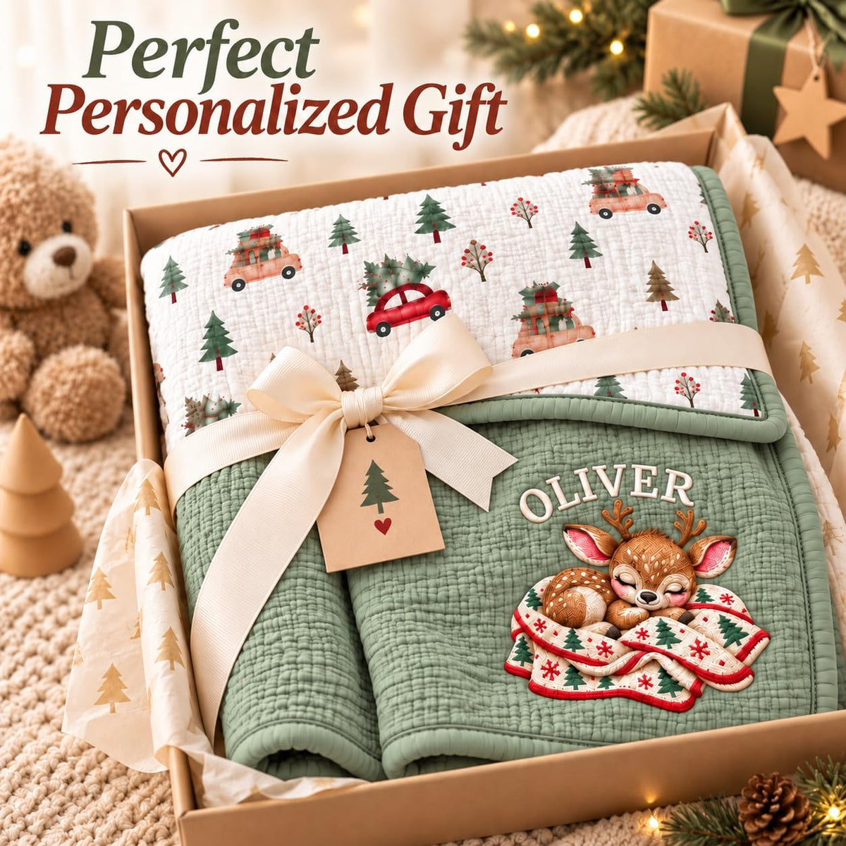 LilaLand Personalized Baby Blanket - Green / Christmas Tree / Deer - detail 6