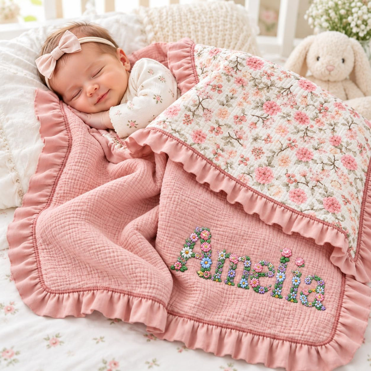 LilaLand Personalized Baby Blanket - Pink / Floral / Floral Name