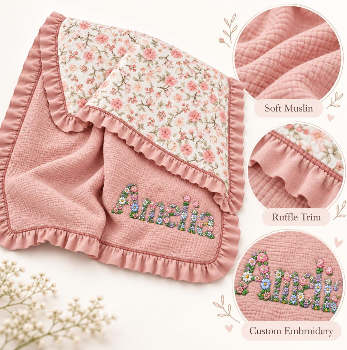 LilaLand Personalized Baby Blanket - Pink / Floral / Floral Name - detail 5