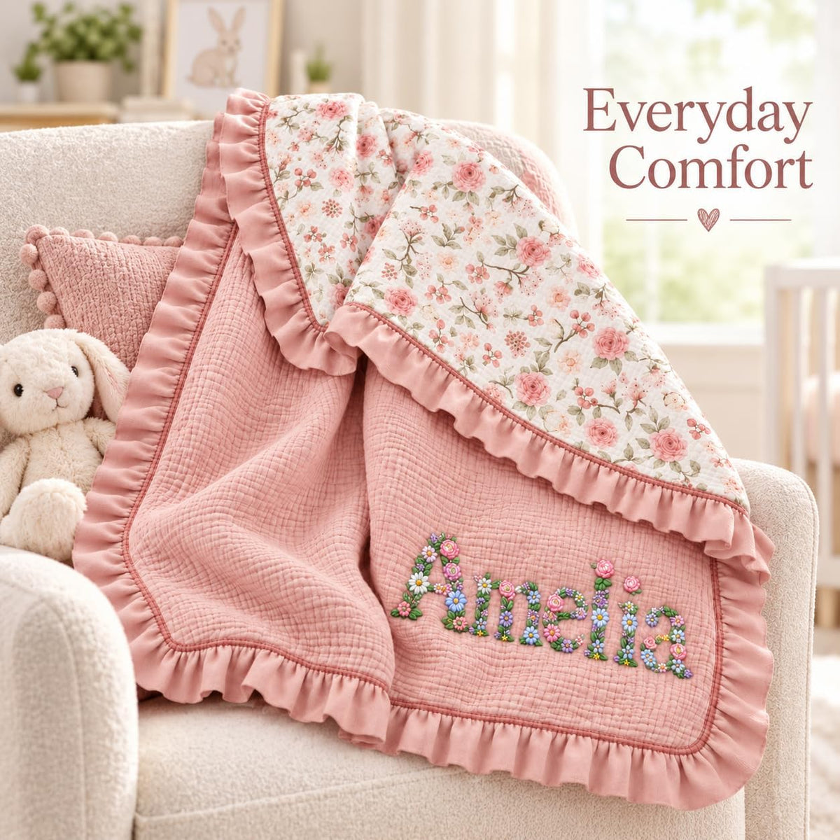 LilaLand Personalized Baby Blanket - Pink / Floral / Floral Name - detail 6