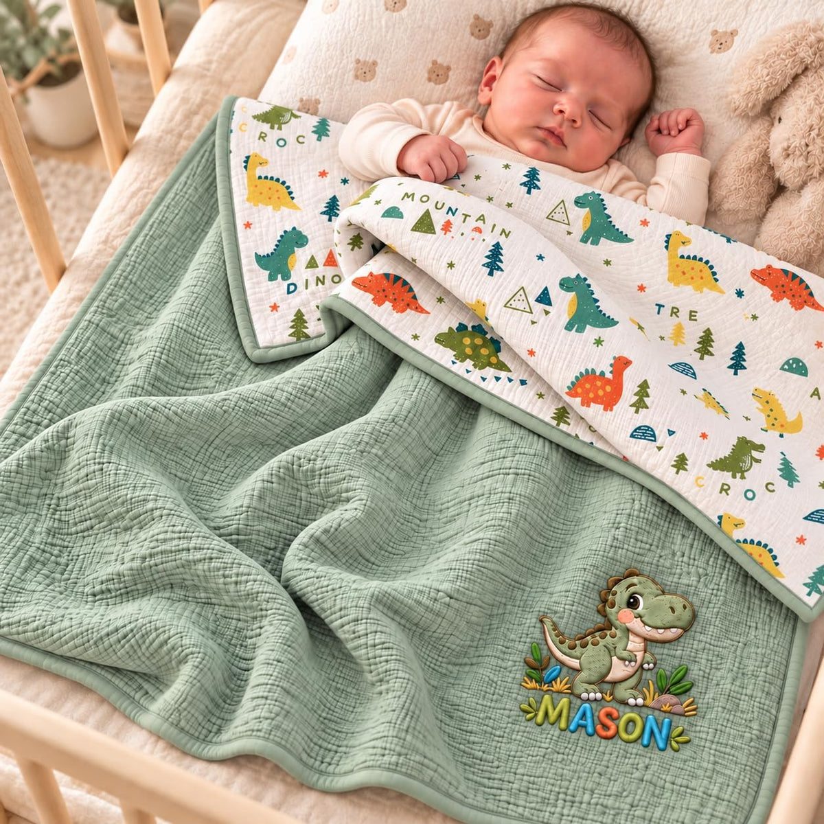 LilaLand Personalized Baby Blanket - Green / Dinosaur / Dino - detail 1