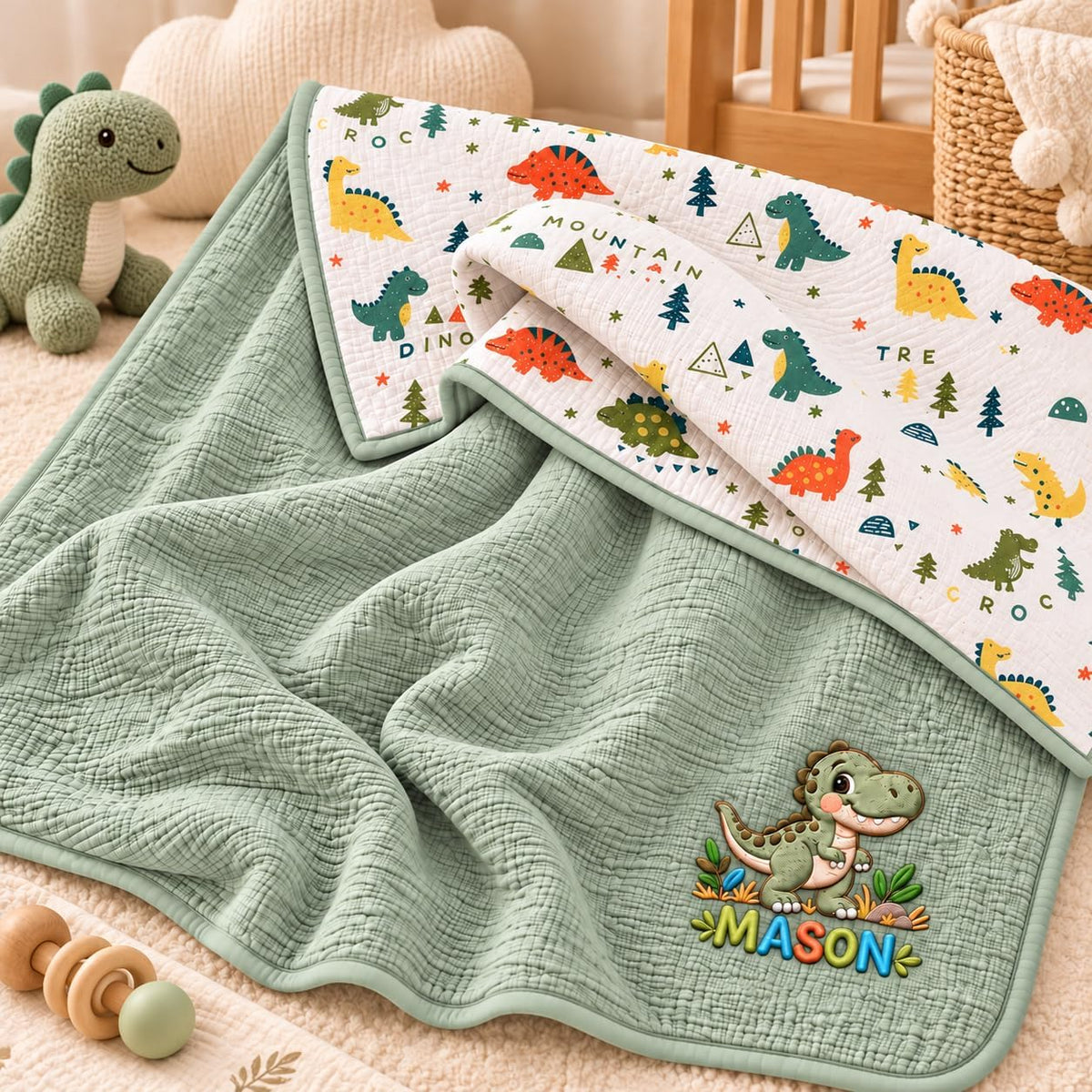 LilaLand Personalized Baby Blanket - Green / Dinosaur / Dino - detail 2