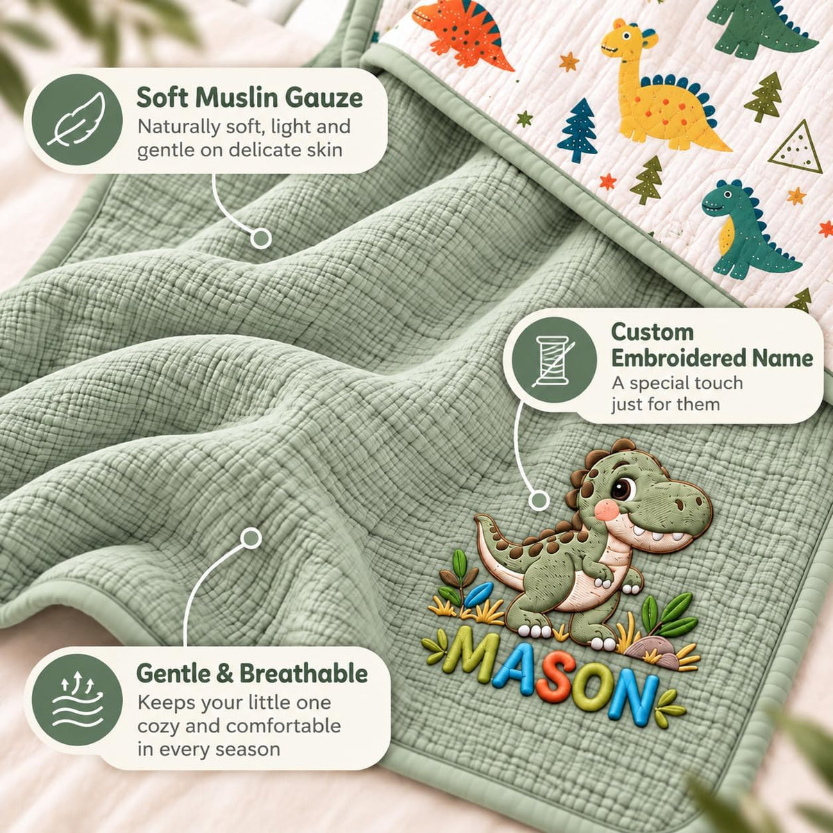 LilaLand Personalized Baby Blanket - Green / Dinosaur / Dino - detail 3