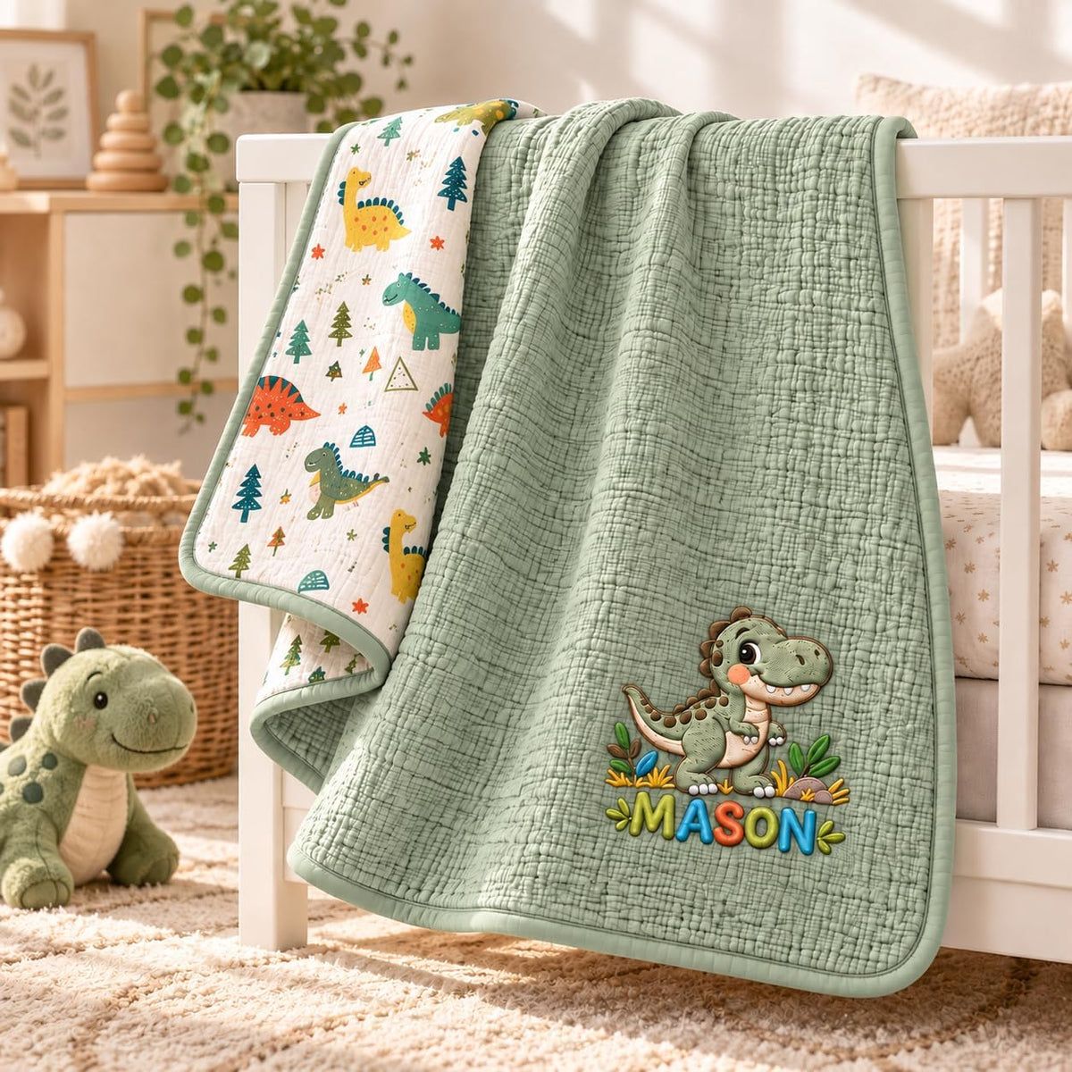 LilaLand Personalized Baby Blanket - Green / Dinosaur / Dino - detail 5