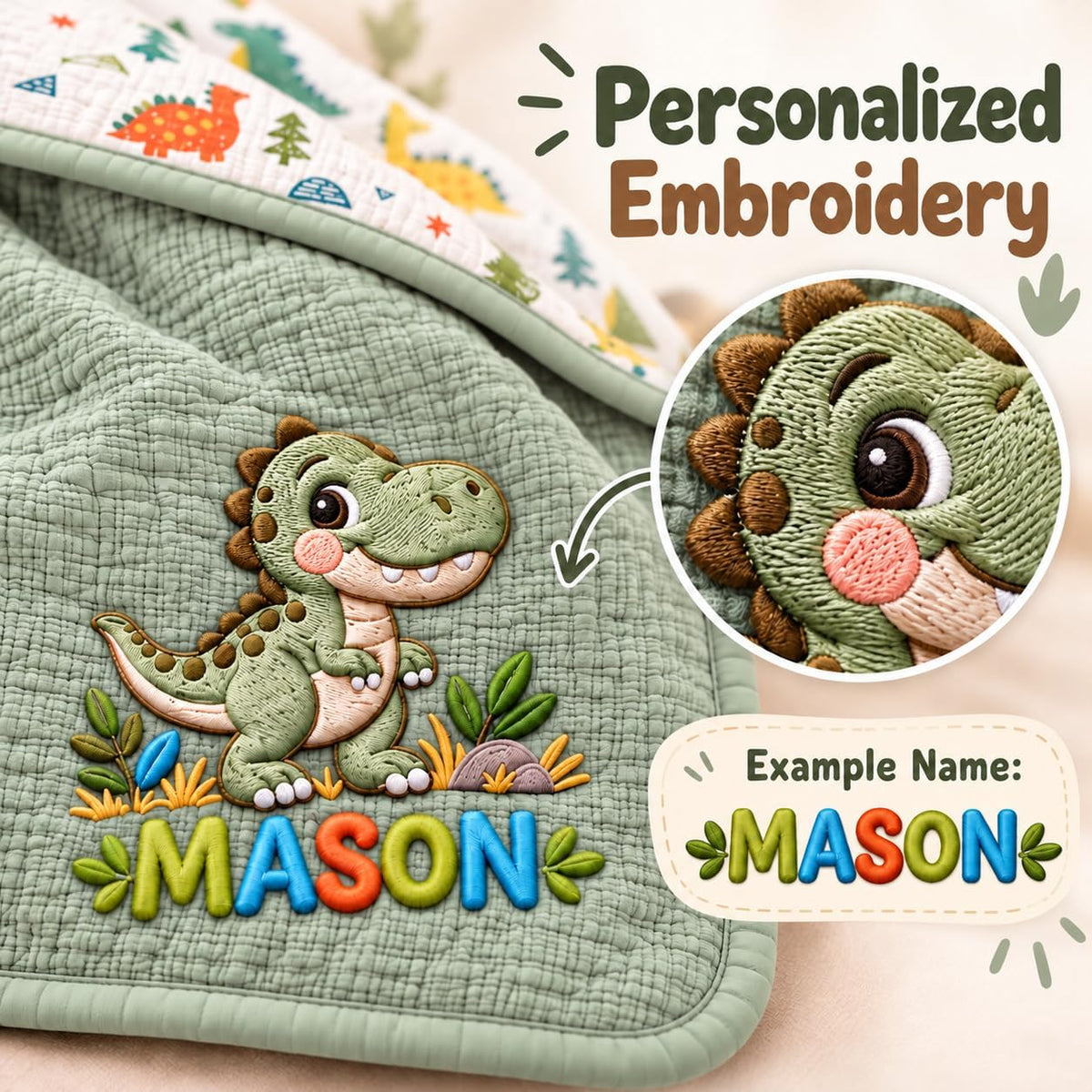 LilaLand Personalized Baby Blanket - Green / Dinosaur / Dino - detail 6