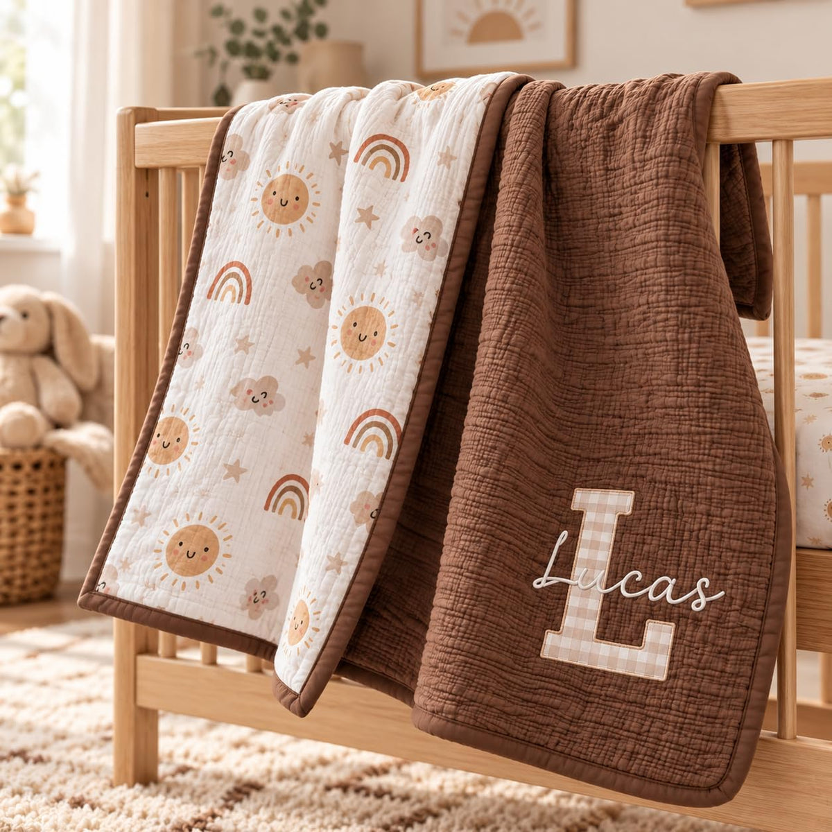 LilaLand Personalized Baby Blanket - Brown / Boho Rainbow / Monogram - detail 1