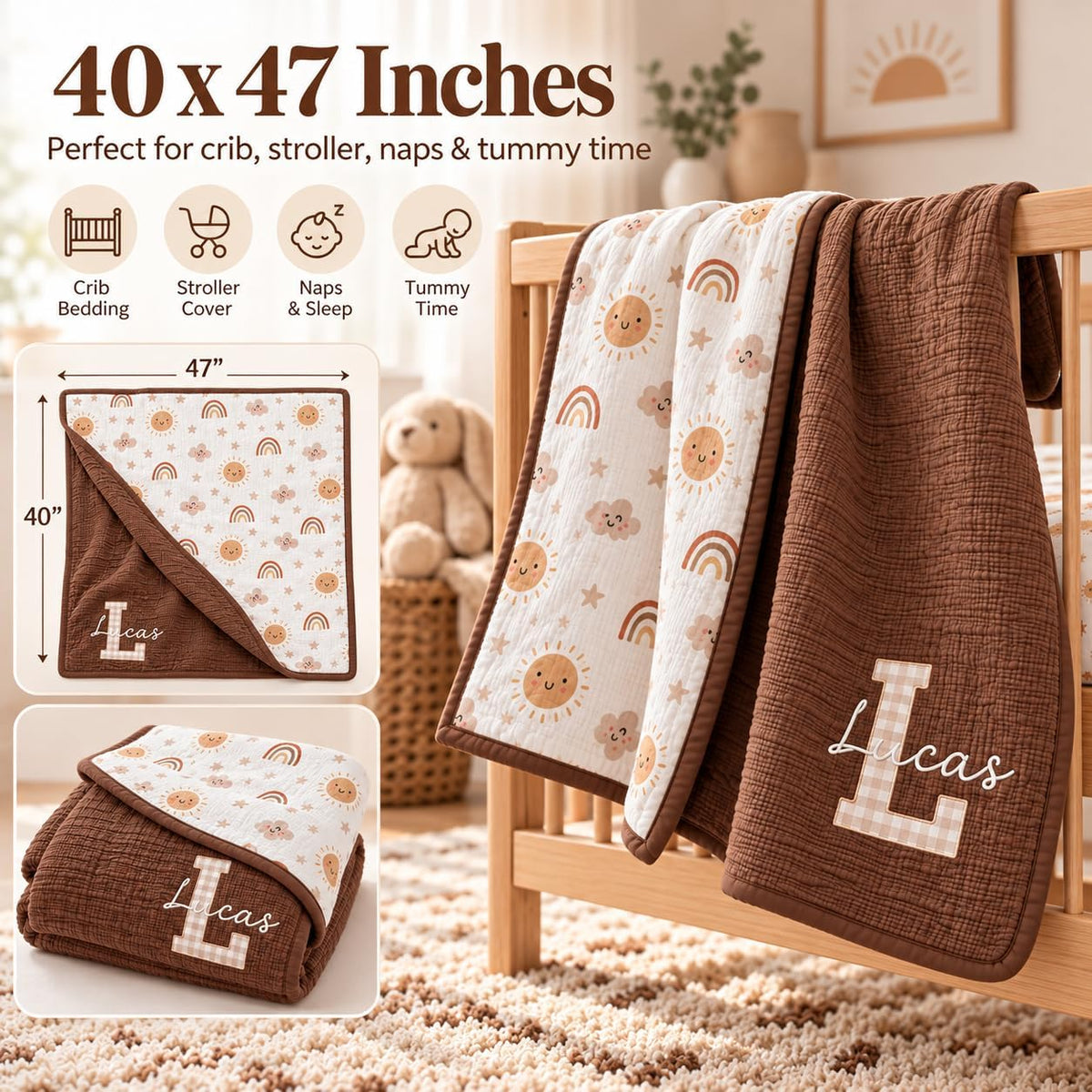 LilaLand Personalized Baby Blanket - Brown / Boho Rainbow / Monogram - detail 6