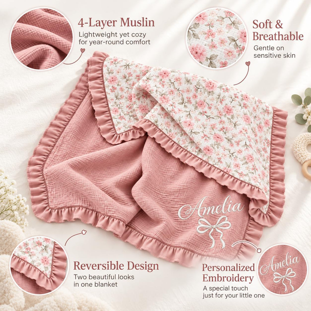 LilaLand Personalized Baby Blanket - Pink / Floral / Bow - detail 4