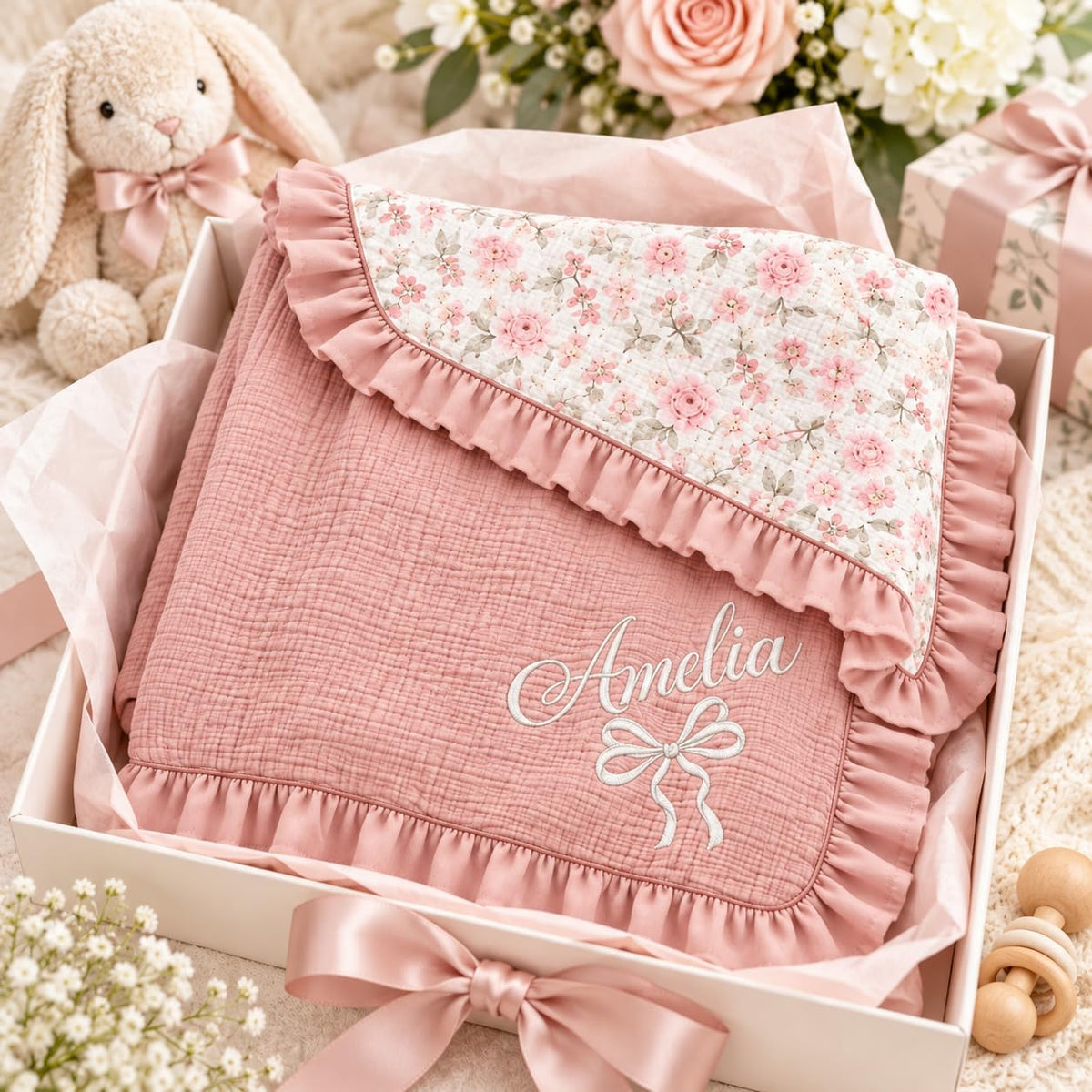 LilaLand Personalized Baby Blanket - Pink / Floral / Bow - detail 5